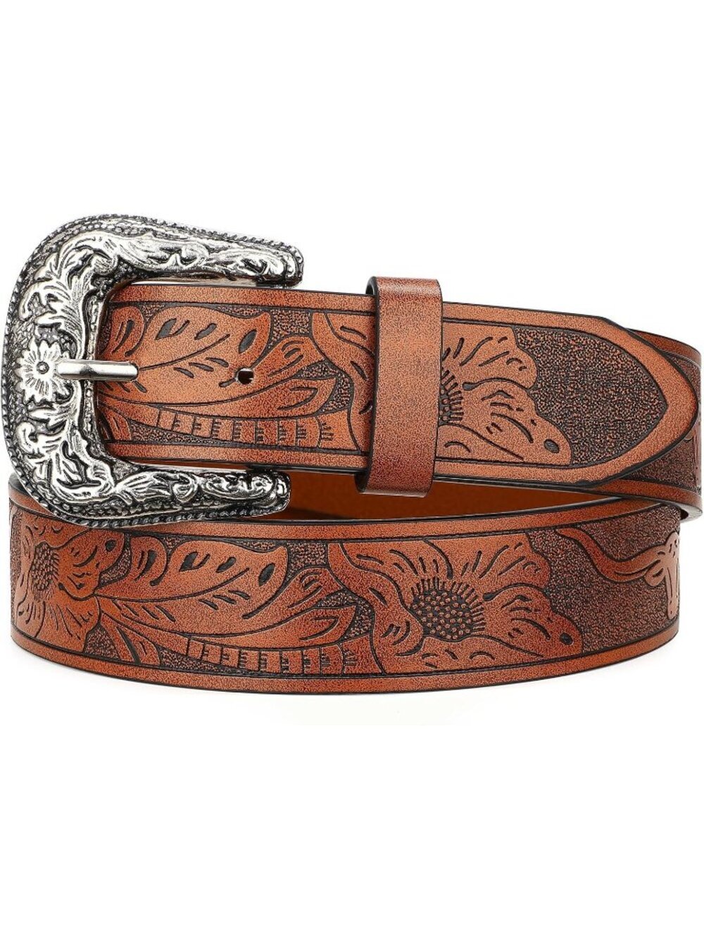 Women's Brown Faux Leather Belt Western Cowboy Vintage Engraved Buckle Belt